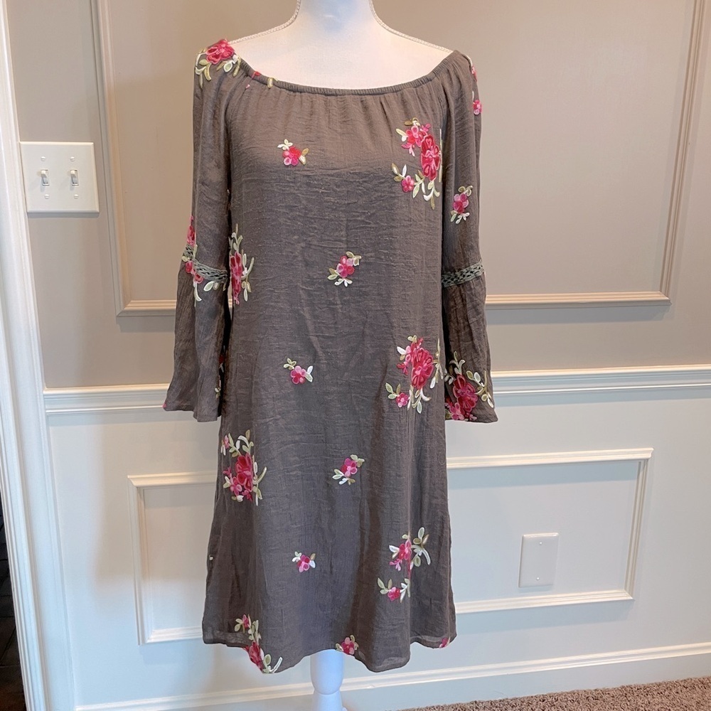 Figueroa & Flower dress Large gauze brown floral embroidered boho boat neck